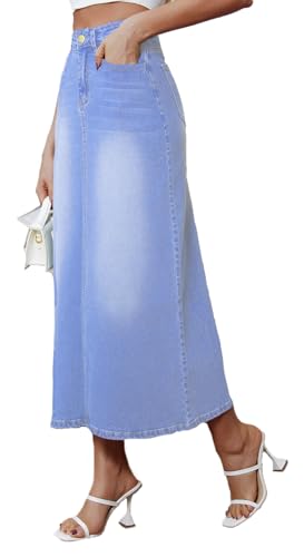 Women's Vintage Denim Long Skirt A-Line High Waisted Front Slit Casual Maxi Jean Skirt