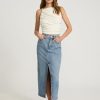 Women??s Maxi Denim Skirt ?C High Waisted Stretch Jean Skirt with Front Slit ?C Medium Wash