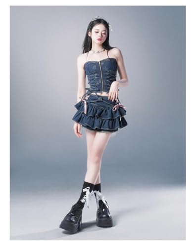Y2K Women Ruffle Hem Blue Jean Pleated Mini Skirt - Denim Bustier Top Suit