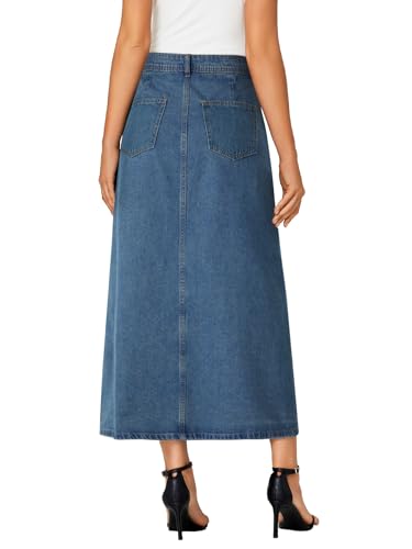 Women's Casual Button Down High Waisted A Line Jean Midi Long Denim Skirt with Pockets