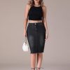 Women's Denim Skirt High Waist Raw Hem Pockets Stretch Bodycon Pencil Skirt Knee Length Jean Skirts