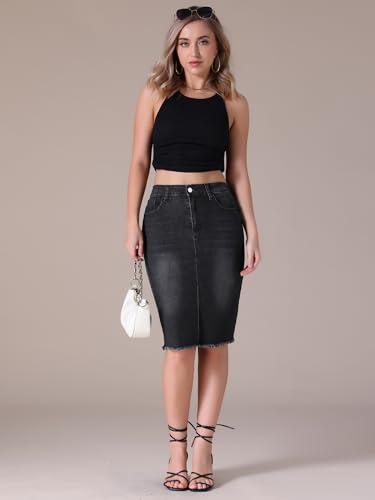 Women's Denim Skirt High Waist Raw Hem Pockets Stretch Bodycon Pencil Skirt Knee Length Jean Skirts