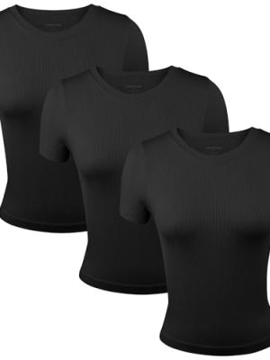 3 Pack Stretch Workout Tee Shirts for Women, Ribbed Crewneck Womens Short Sleeve Yoga Tees (Available in Plus)