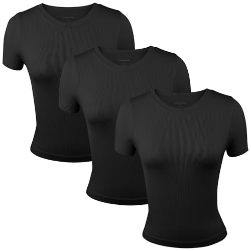 3 Pack Stretch Workout Tee Shirts for Women, Ribbed Crewneck Womens Short Sleeve Yoga Tees (Available in Plus)