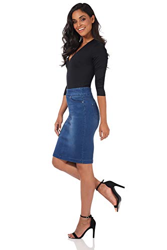 Women??s Ease into Comfort Pull-On Stretch Denim Skirt ?C Soft Jean Fabric, Flattering Slim Fit, All-Day Comfort