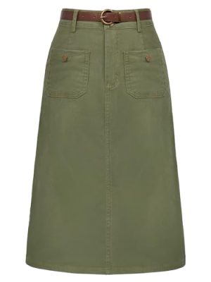 Denim Skirt with Belt Below Knee Length High Waisted Jean Skirts for Women