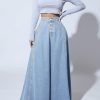 Women's Retro High Waisted Button Fly Flared Long Jean Skirts Pleated Flowy Swing A-line Denim Maxi Skirts