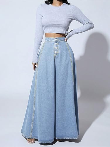 Women's Retro High Waisted Button Fly Flared Long Jean Skirts Pleated Flowy Swing A-line Denim Maxi Skirts