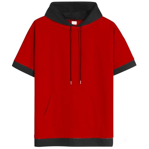 31LniuWoCCL.jpg Mens Short Sleeve Hoodie Soft Cotton Color Block Moisture Wicking Big Pocket Streetwear Short Sleeve Sweatshirt