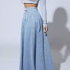 Women's Retro High Waisted Button Fly Flared Long Jean Skirts Pleated Flowy Swing A-line Denim Maxi Skirts