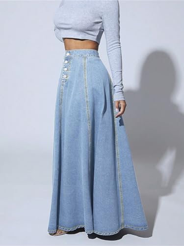 Women's Retro High Waisted Button Fly Flared Long Jean Skirts Pleated Flowy Swing A-line Denim Maxi Skirts
