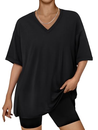31RduVEA9hL.jpg Oversized Tshirts for Women Workout Plus Size Tops V Neck Short Sleeve Gym Shirts Casual Loose Fit Basic Tees