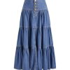 Women??s Long Jean Denim Tiered Button Down High Waisted Maxi Skirts