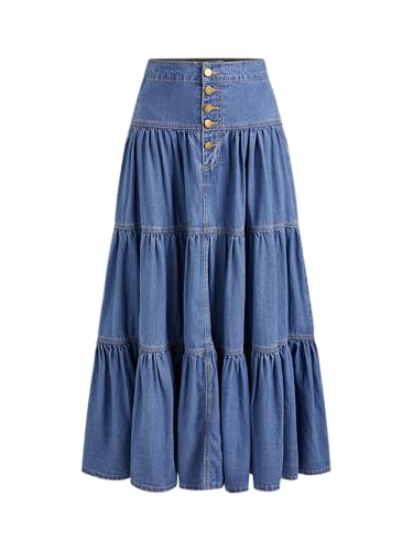 Women??s Long Jean Denim Tiered Button Down High Waisted Maxi Skirts