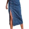 Women's Casual Slit Denim Midi Jean Skirt Stretch High Waisted Button Up Frayed with Pockets