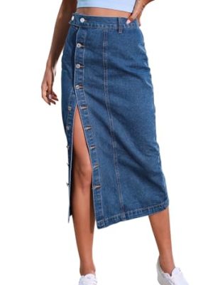 Women's Casual Slit Denim Midi Jean Skirt Stretch High Waisted Button Up Frayed with Pockets