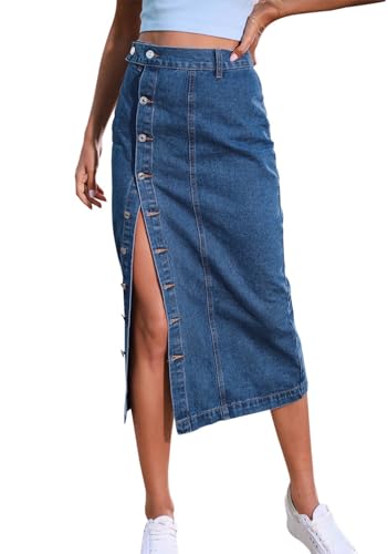 Women's Casual Slit Denim Midi Jean Skirt Stretch High Waisted Button Up Frayed with Pockets