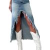 Womens Casual Slit Denim Midi Jean Skirt High Waist Frayed Distressed Button A-Line Long Jean Skirt