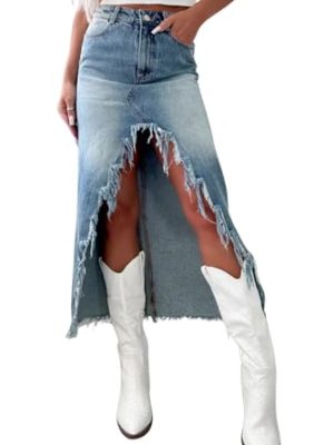 Womens Casual Slit Denim Midi Jean Skirt High Waist Frayed Distressed Button A-Line Long Jean Skirt