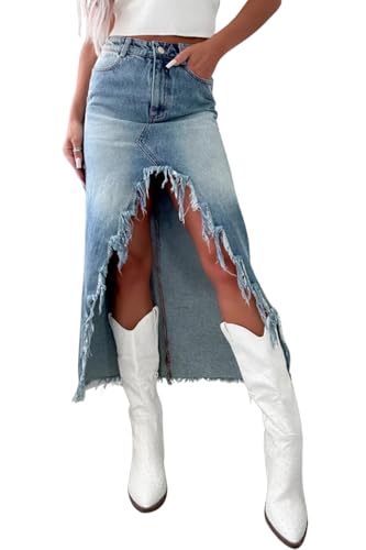 Womens Casual Slit Denim Midi Jean Skirt High Waist Frayed Distressed Button A-Line Long Jean Skirt