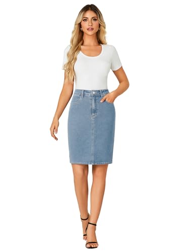 31ZOb7oZXdL.jpg Women's Casual Stretch High Waist Back Slit Denim Jean Knee Length Skirt