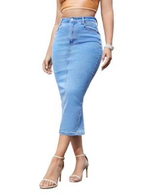 Women's Long Jean Skirts Stretch Denim Midi Skirts with Back Slit Bodycon Mid Waisted A Line Dress with Pockets