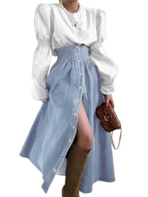 Women's High Waist Long Denim Skirt Button Down Swing A-Line Jean Maxi Skirt with Pockets