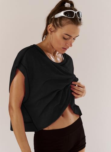 Women Short Sleeve Workout Shirts Open Back Tops Casual Yoga Y2k Athletic Gym Slouchy Crop Running Tees