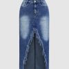 Womens' High Waist Midi Stylish Raw Hem Split Asymmetrical Wash Denim Skirt
