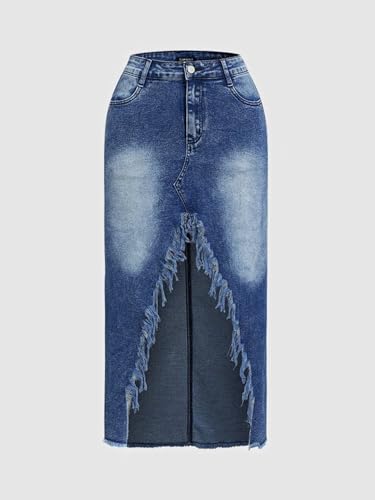 Womens' High Waist Midi Stylish Raw Hem Split Asymmetrical Wash Denim Skirt