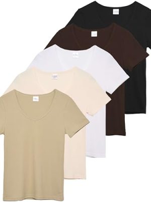 5 Pack: Women's Soft Ribbed Short Sleeve V-Neck T-Shirt Casual Summer Tee Shirts