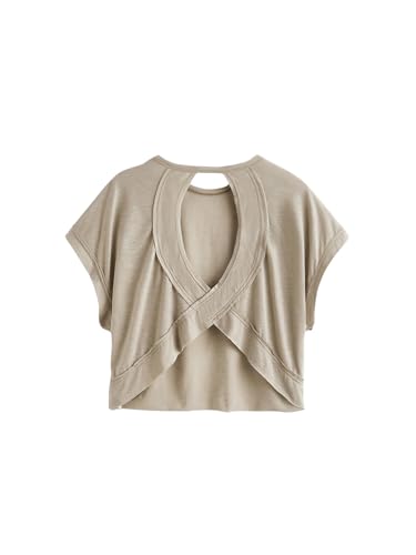 2024 Open Back Tops for Women Criss Cross Cut Out Tee Backless Casual Short Sleeve Round Neck T Shirt