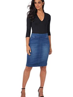 Women??s Ease into Comfort Pull-On Stretch Denim Skirt ?C Soft Jean Fabric, Flattering Slim Fit, All-Day Comfort