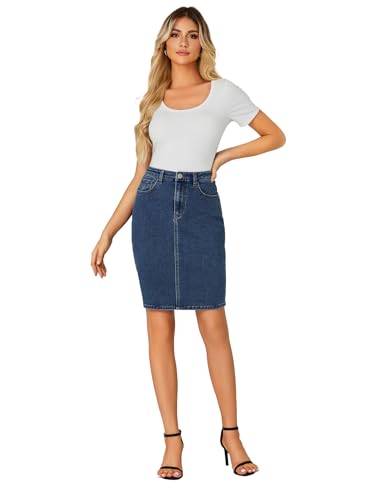 Women's Casual Stretch High Waist Bodycon Denim Jean Midi Skirt with Pockets