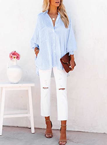 31kxD3iHoGL.jpg Womens Smocked Cuffed Striped Boyfriend Shirt Casual Collar Long Sleeve Oversized Button Down Blouse Tops with Pocket Shirred