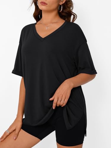 31lMy9vTf3L.jpg Oversized Tshirts for Women Workout Plus Size Tops V Neck Short Sleeve Gym Shirts Casual Loose Fit Basic Tees