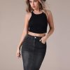 Women's Denim Skirt High Waist Raw Hem Pockets Stretch Bodycon Pencil Skirt Knee Length Jean Skirts