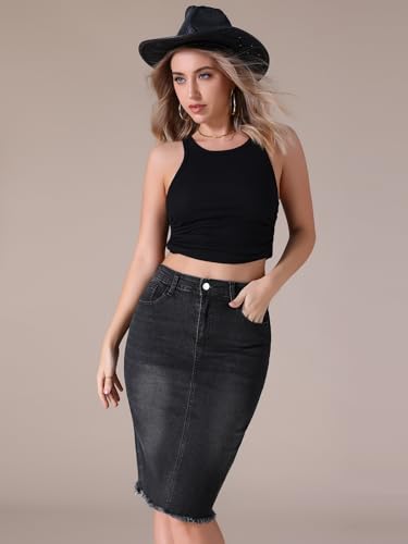 Women's Denim Skirt High Waist Raw Hem Pockets Stretch Bodycon Pencil Skirt Knee Length Jean Skirts