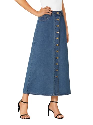 Women's Casual Button Down High Waisted A Line Jean Midi Long Denim Skirt with Pockets