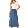Women's Casual Button Down High Waisted A Line Jean Midi Long Denim Skirt with Pockets