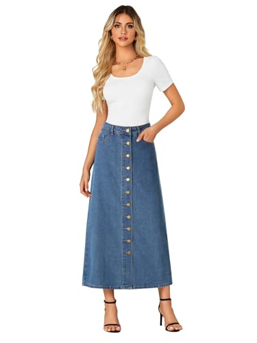 Women's Casual Button Down High Waisted A Line Jean Midi Long Denim Skirt with Pockets