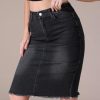 Women's Denim Skirt High Waist Raw Hem Pockets Stretch Bodycon Pencil Skirt Knee Length Jean Skirts