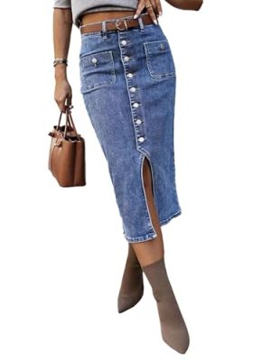 Straight High Rise Vintage Embroidered Botton Fly Split Thigh Midi Denim Skirt