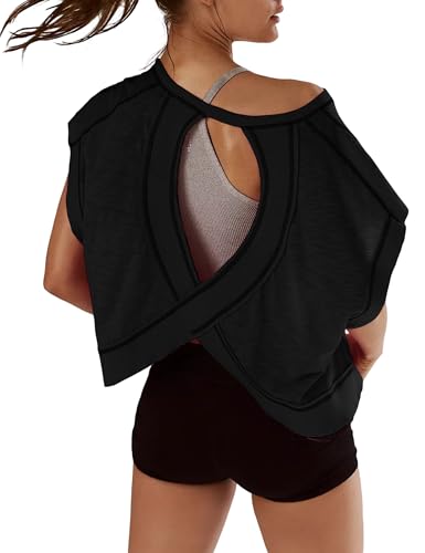 Women Short Sleeve Workout Shirts Open Back Tops Casual Yoga Y2k Athletic Gym Slouchy Crop Running Tees