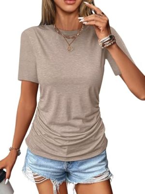 Womens Ruched Tops Short Sleeve T Shirts Crewneck Slim Fitted Top Casual Spring Summer Trendy Clothes 2025