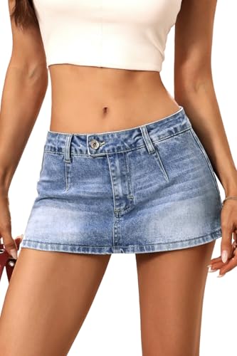 41-KMKwXcdL.jpg Low Rise Denim Mini Skirt for Women, High Stretch Jean Skirt with Shorts Underneath Y2k Micro Skort