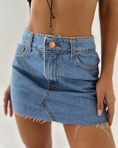 41-TcP0gKZL.jpg Womens Jean Skirt Stretch Casual 2025 Summer Short Basic Fringed Slim Fit Denim Bodycon Pencil Skirts