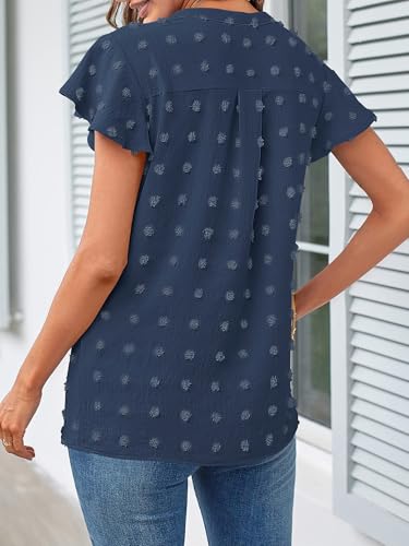 Women 2025 Summer V Neck Ruffle Short Sleeve Blouse Swiss Dot Flowy Shirt Tunic Top