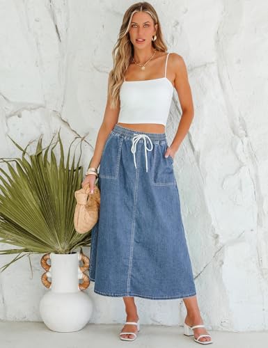 4107E5fsf4L.jpg Denim Skirts for Women Trendy A Line Long Maxi Pull On Elastic Waist Drawstring Stretchy Jean Skirt with Pockets