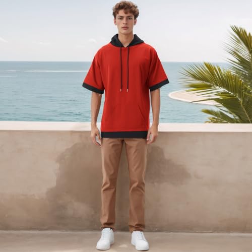 4108zzslDmL.jpg Mens Short Sleeve Hoodie Soft Cotton Color Block Moisture Wicking Big Pocket Streetwear Short Sleeve Sweatshirt